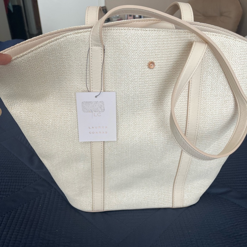 LC Lauren Conrad Cream Textured Tote Bag
